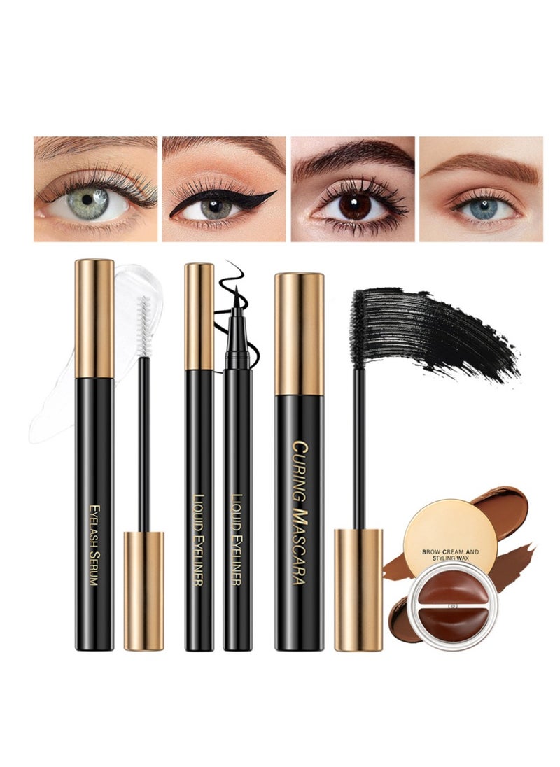 Eyes Makeup Kit with Lash Serum,Liquid Eyeliner,Mascara,2 in 1 Dark and Light Eyebrow Pomade for Eyebrow and Eye Makep, One Set Enough