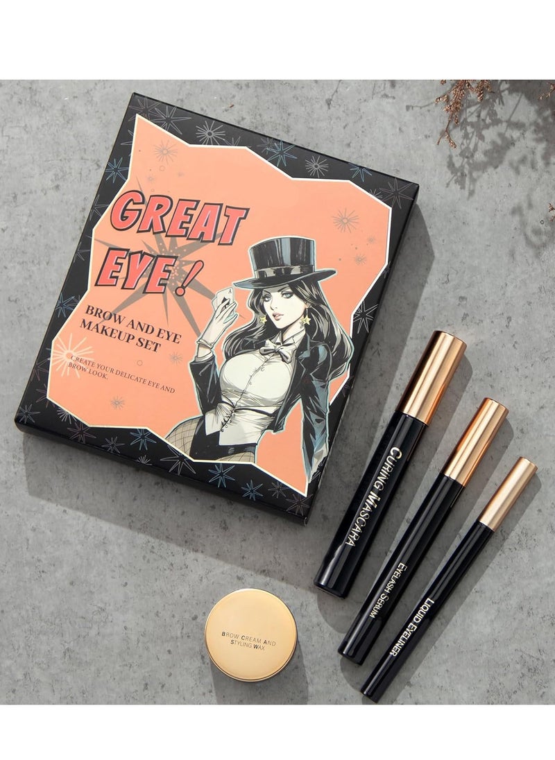 Eyes Makeup Kit with Lash Serum,Liquid Eyeliner,Mascara,2 in 1 Dark and Light Eyebrow Pomade for Eyebrow and Eye Makep, One Set Enough