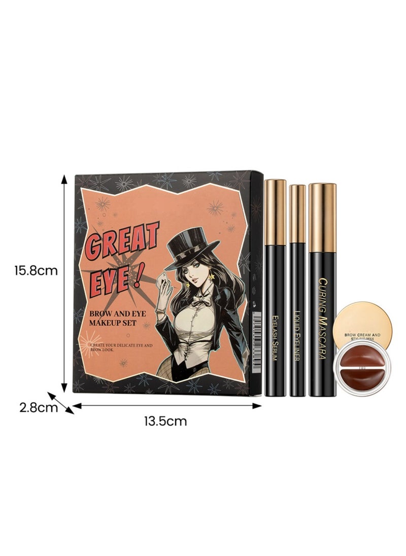 Eyes Makeup Kit with Lash Serum,Liquid Eyeliner,Mascara,2 in 1 Dark and Light Eyebrow Pomade for Eyebrow and Eye Makep, One Set Enough