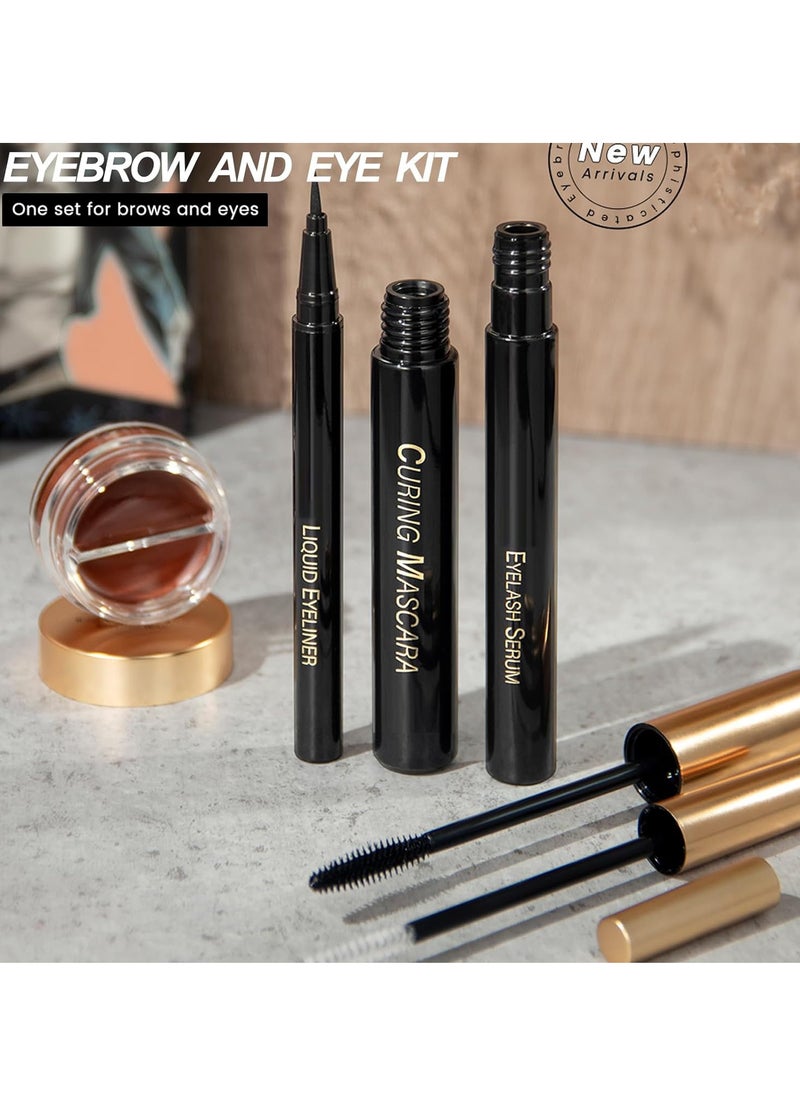 Eyes Makeup Kit with Lash Serum,Liquid Eyeliner,Mascara,2 in 1 Dark and Light Eyebrow Pomade for Eyebrow and Eye Makep, One Set Enough