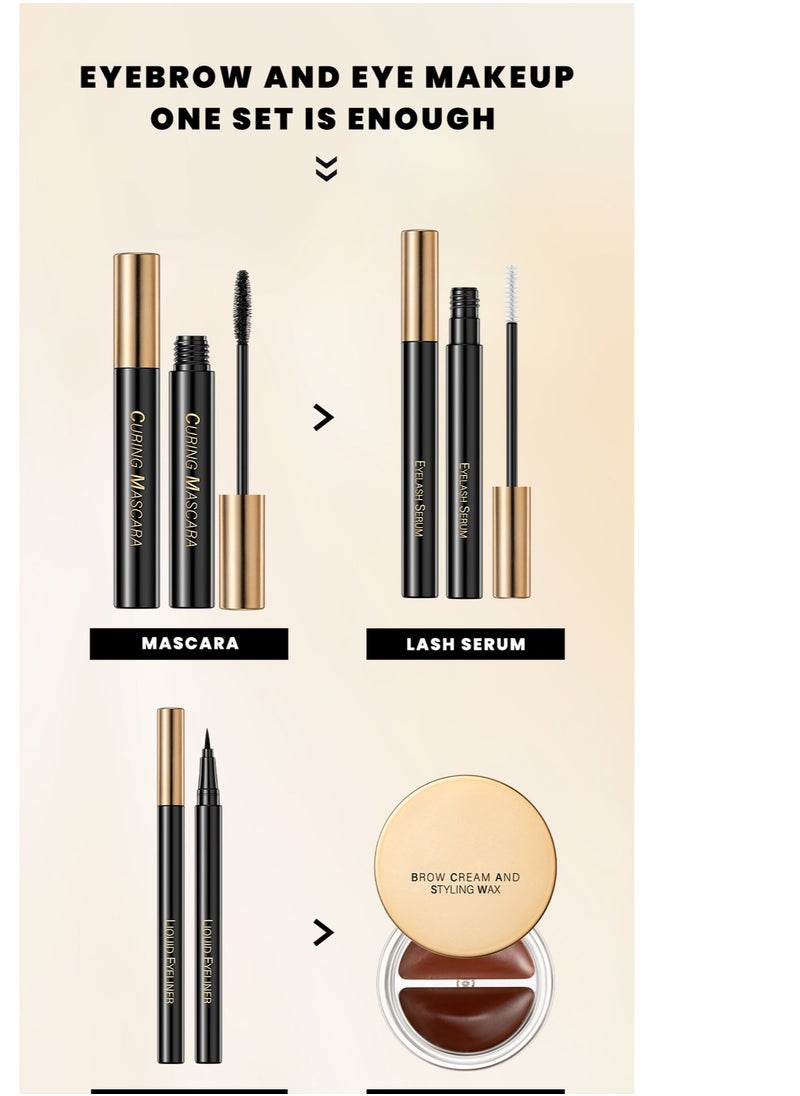 Eyes Makeup Kit with Lash Serum,Liquid Eyeliner,Mascara,2 in 1 Dark and Light Eyebrow Pomade for Eyebrow and Eye Makep, One Set Enough
