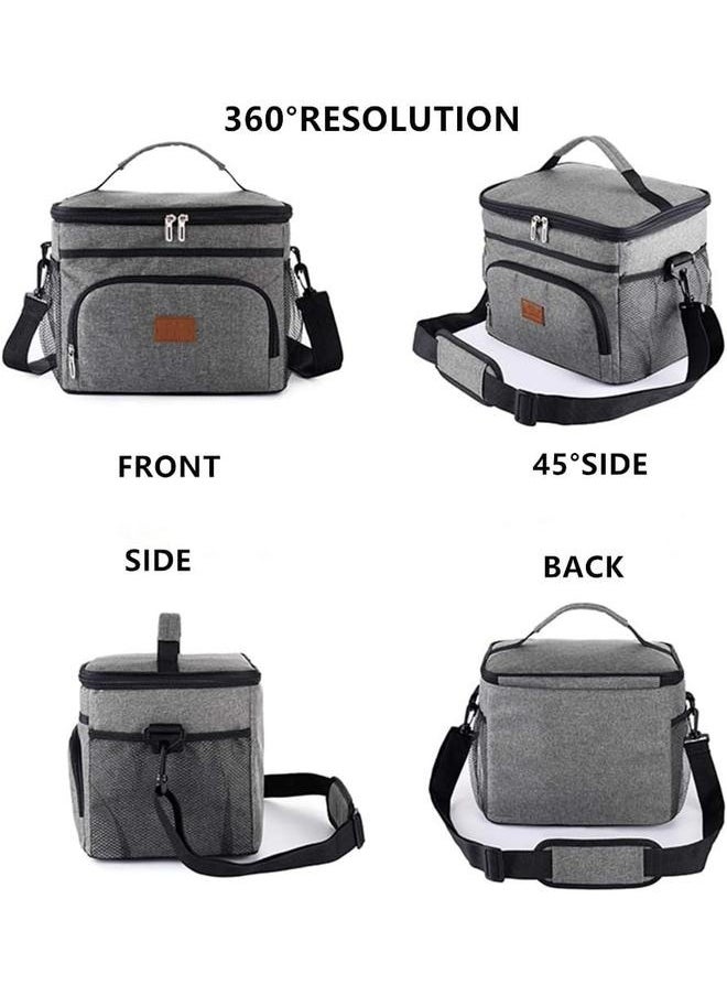 Large Lunch Bag, Insulated Lunch Box with Adjustable Shoulder Strap, Cooler Bag for Work Office Picnic Hiking Beach，Thermal Lunch Cooler，Front Pocket Mesh,Thermal Lunch Bag Grey