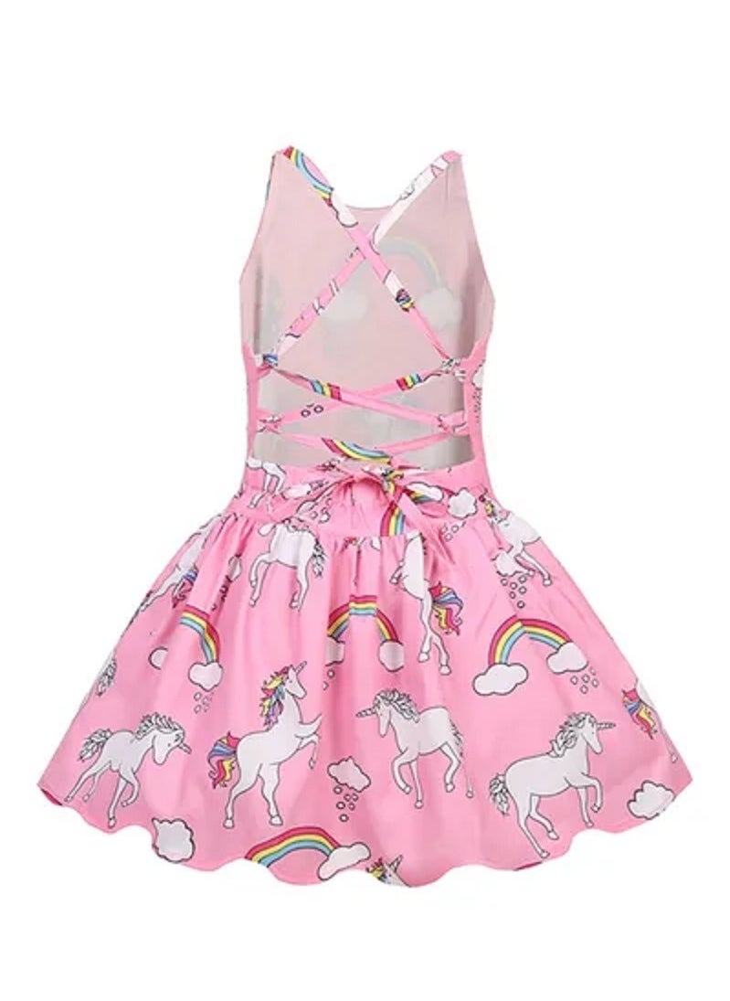 Unicorn Print Dresses With Headband for Girls