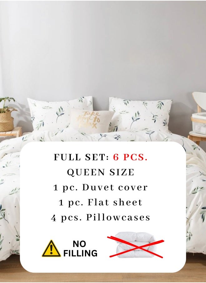 Queen Size 6 Piece Bedding Set Without Filler, Soft Fabric Small Green Leaves Design.