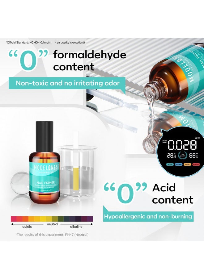 modelones 15ml Gel Nail Polish Nail Dehydrator and Primer, 4Pcs Acid Free Natural Nail Prep Dehydrate & Bond Primer Nail Bond, Air Dry Superior Bonding Primer for Acrylic Powder Nail Supplies Set