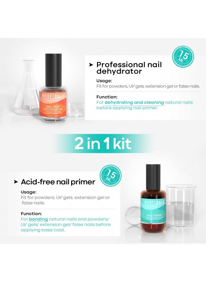 modelones 15ml Gel Nail Polish Nail Dehydrator and Primer, 4Pcs Acid Free Natural Nail Prep Dehydrate & Bond Primer Nail Bond, Air Dry Superior Bonding Primer for Acrylic Powder Nail Supplies Set