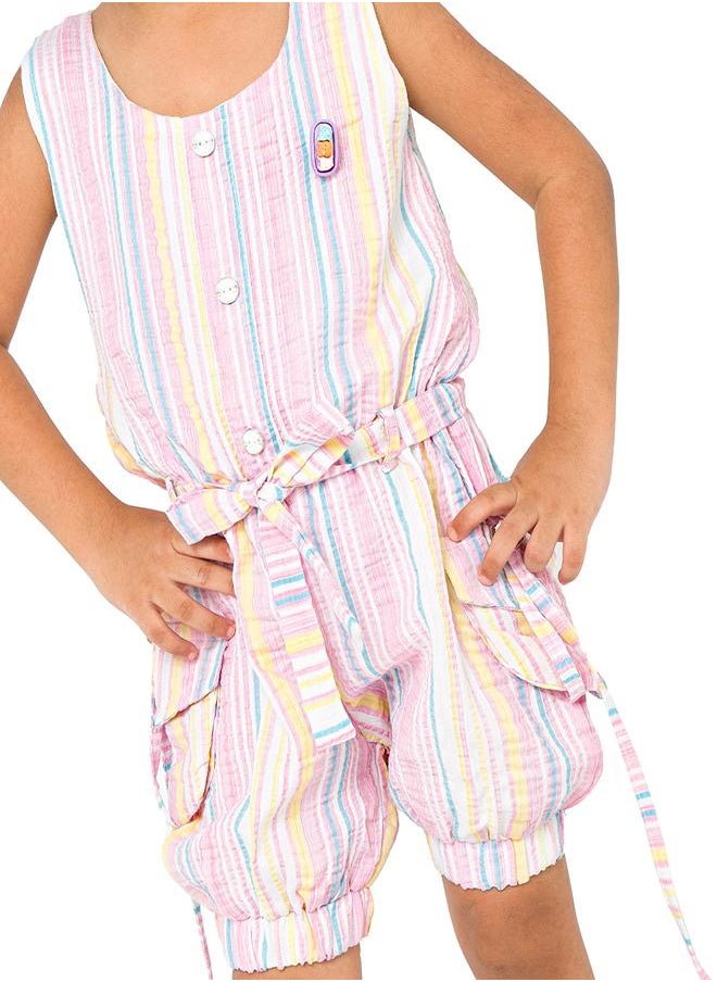 Colorful pink striped jumpsuit with pockets for girls