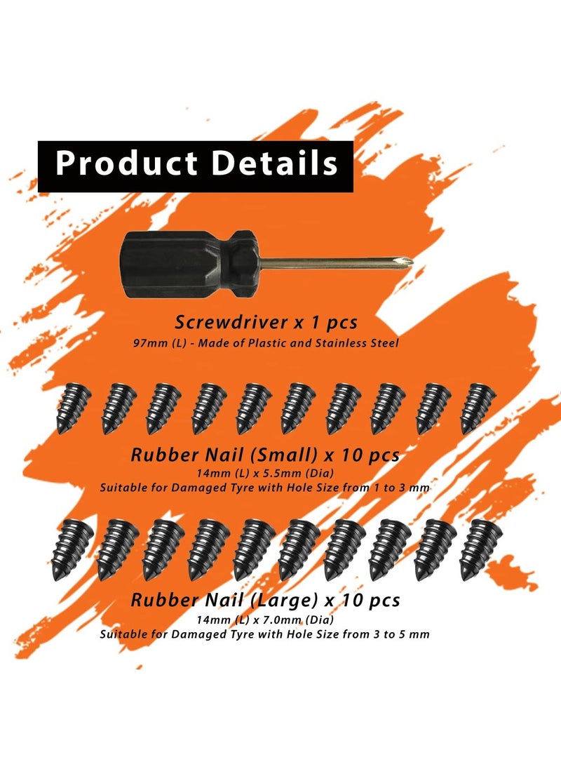 20pcs Tyre Repair Kit, Tire Rubber Nails Tool, Self-Service Car Wheel Puncture Repair Screws with Screwdriver Set for Auto, Motorcycle, Bike, Truck, Tractor, Jeep, ATV (10S & 10L)
