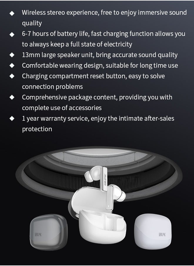Korean Brand RS2 True Wireless Earphones, Korean Brand, 6 Mics Hybrid ANC with AI Wind Noise Reduction, -42dB Noise Cancelling, Transparency Mode, Normal Mode, ANC Mode, 30-Hour Battery Life, Bluetooth 5.4, IPX5 Waterproof, Powerful Bass, Silver White