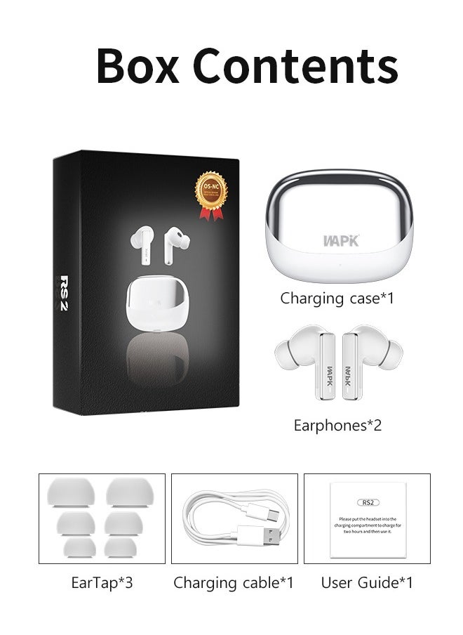 Korean Brand RS2 True Wireless Earphones, Korean Brand, 6 Mics Hybrid ANC with AI Wind Noise Reduction, -42dB Noise Cancelling, Transparency Mode, Normal Mode, ANC Mode, 30-Hour Battery Life, Bluetooth 5.4, IPX5 Waterproof, Powerful Bass, Silver White