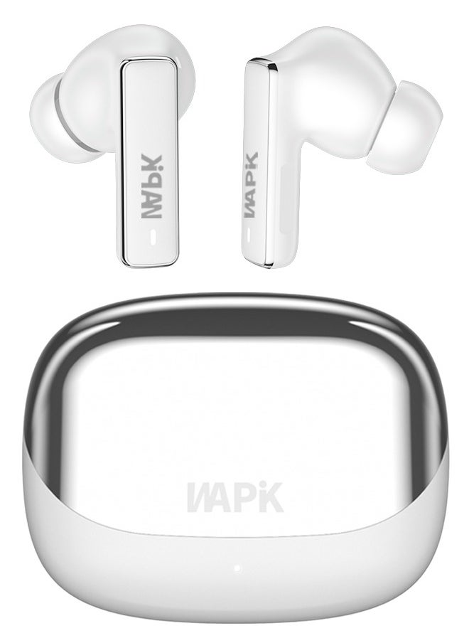 Korean Brand RS2 True Wireless Earphones, Korean Brand, 6 Mics Hybrid ANC with AI Wind Noise Reduction, -42dB Noise Cancelling, Transparency Mode, Normal Mode, ANC Mode, 30-Hour Battery Life, Bluetooth 5.4, IPX5 Waterproof, Powerful Bass, Silver White