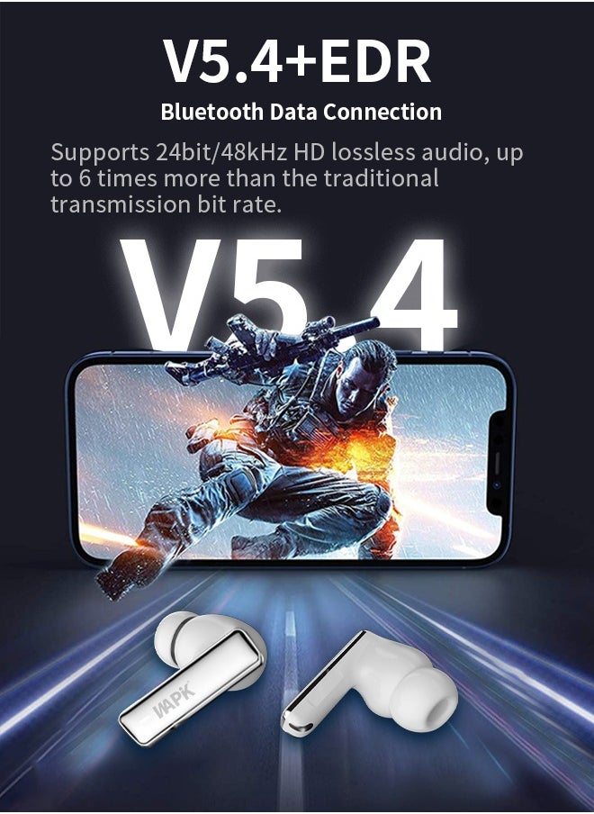 Korean Brand RS2 True Wireless Earphones, Korean Brand, 6 Mics Hybrid ANC with AI Wind Noise Reduction, -42dB Noise Cancelling, Transparency Mode, Normal Mode, ANC Mode, 30-Hour Battery Life, Bluetooth 5.4, IPX5 Waterproof, Powerful Bass, Silver White