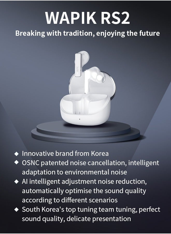 Korean Brand RS2 True Wireless Earphones, Korean Brand, 6 Mics Hybrid ANC with AI Wind Noise Reduction, -42dB Noise Cancelling, Transparency Mode, Normal Mode, ANC Mode, 30-Hour Battery Life, Bluetooth 5.4, IPX5 Waterproof, Powerful Bass, Silver White