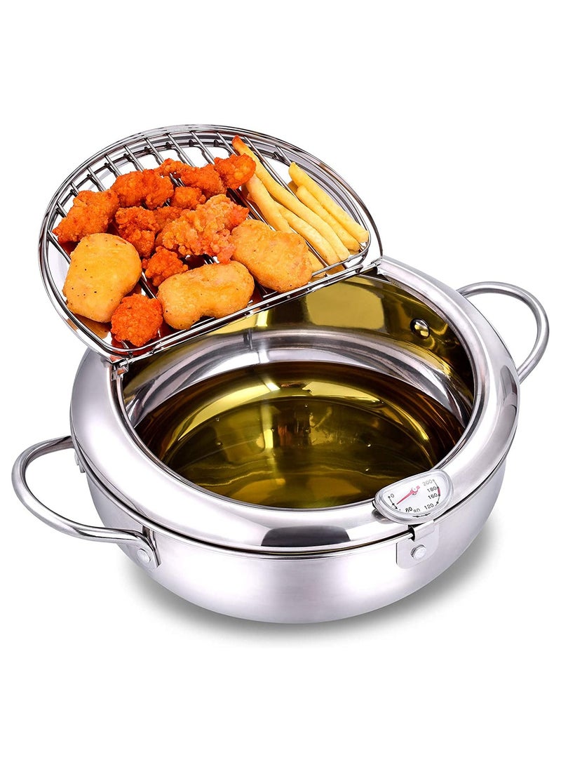 Japanese Style Tempura Fryer Pot, 304 Stainless Steel Deep Fryer with Temperature Control & Lid, Uncoated, 9.4