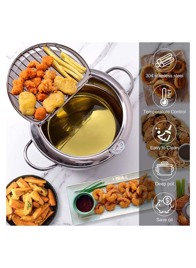 Japanese Style Tempura Fryer Pot, 304 Stainless Steel Deep Fryer with Temperature Control & Lid, Uncoated, 9.4