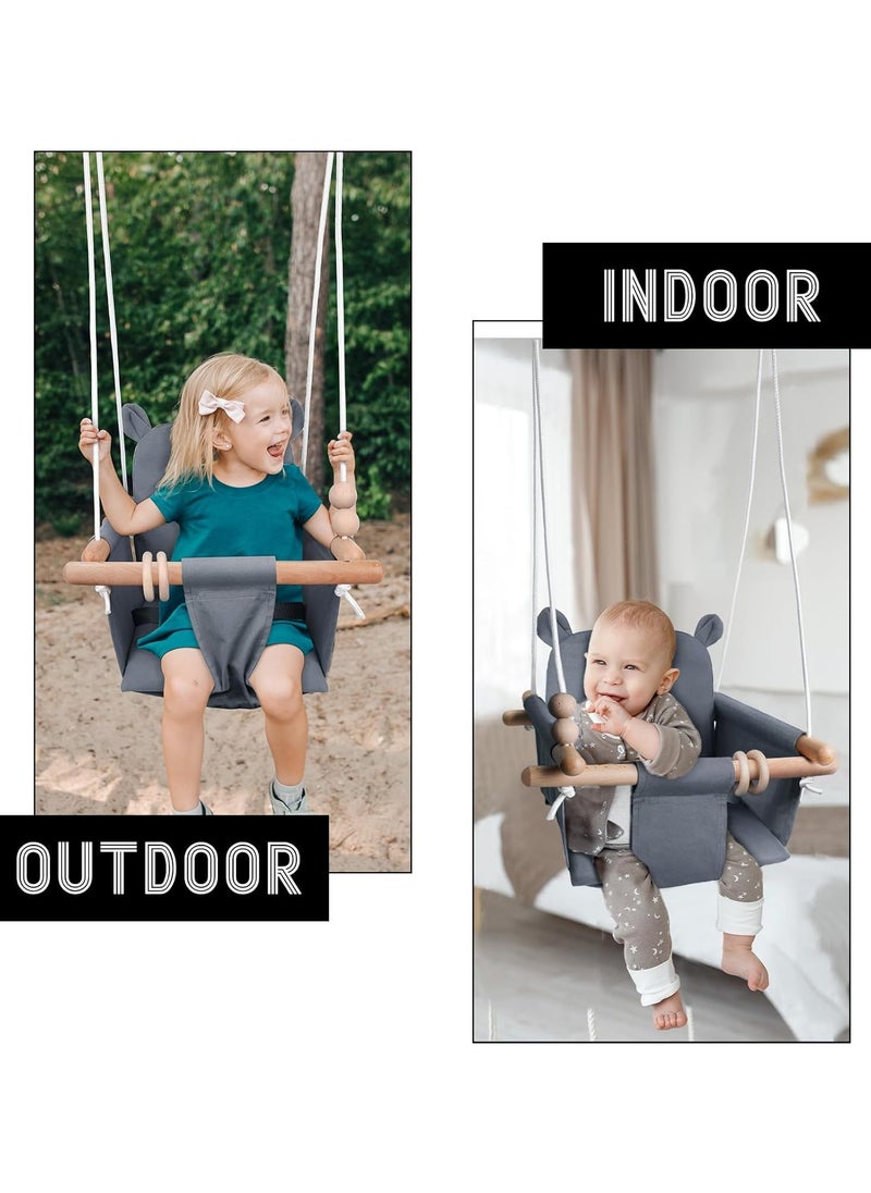 Baby Swing Outdoor & Indoor | Secure Canvas Toddler Swing with Wooden Hanging Seat | Comfortable Porch Swing for Babies, Toddlers, Infants, Kids | Tree Swing for Backyard, Hammock Chair