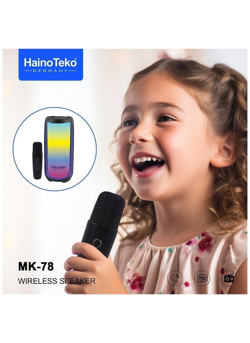 Haino Teko MK-78 Wireless Speaker with Wireless Mic, Splash Proof, Micro SD Card, Aux, FM Radio and Power Bank Function