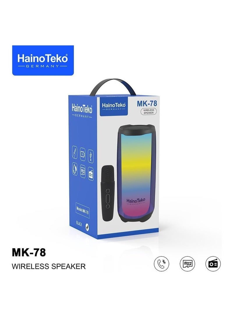 Haino Teko MK-78 Wireless Speaker with Wireless Mic, Splash Proof, Micro SD Card, Aux, FM Radio and Power Bank Function