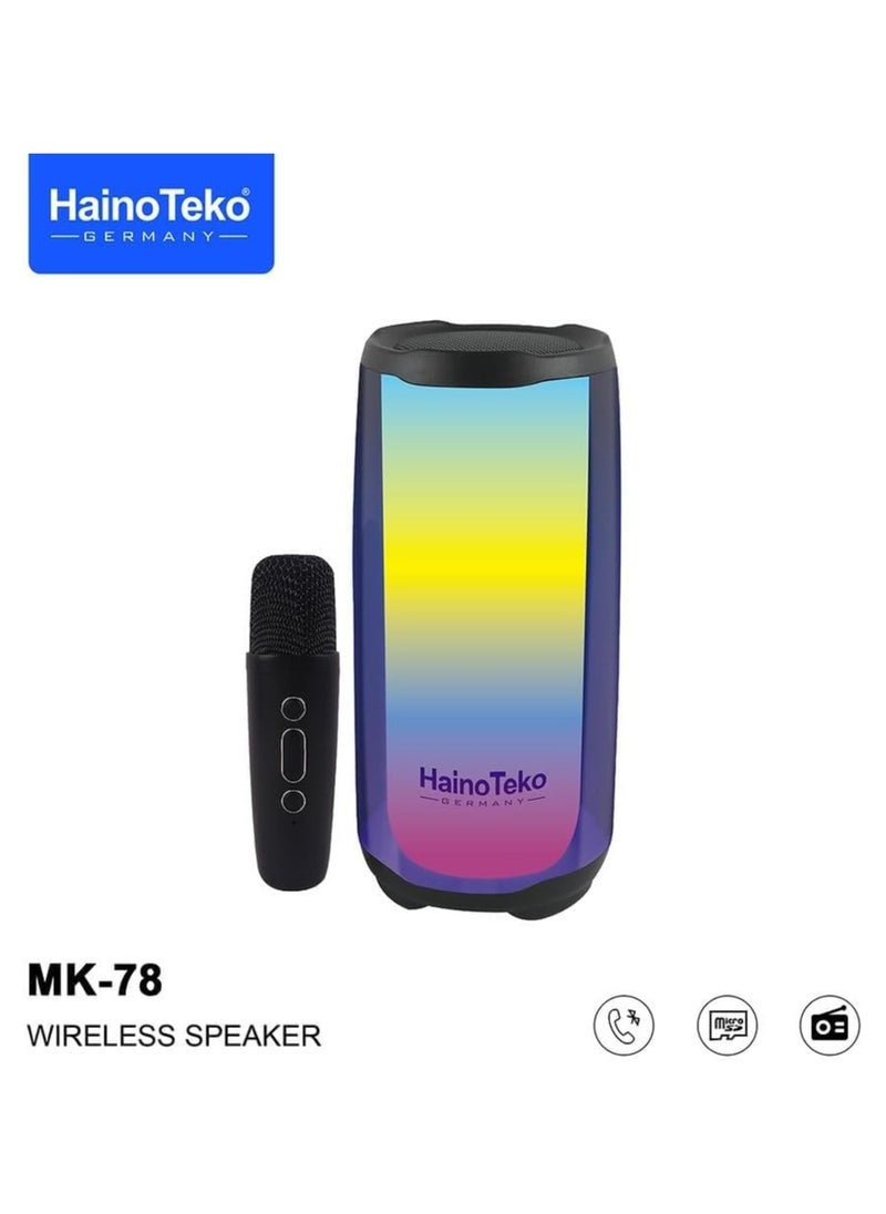 Haino Teko MK-78 Wireless Speaker with Wireless Mic, Splash Proof, Micro SD Card, Aux, FM Radio and Power Bank Function