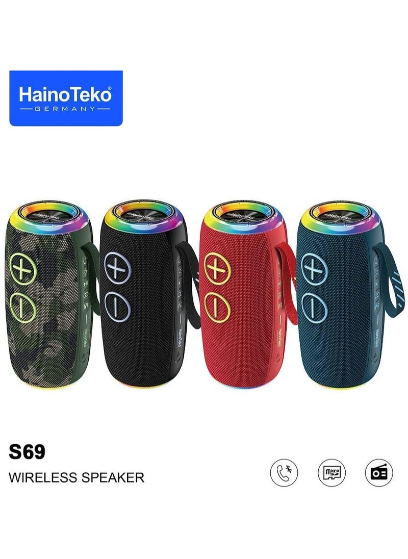 Haino Teko S69 Portable Speaker with RGB Light, Water Resistant, FM Radio and SD Card