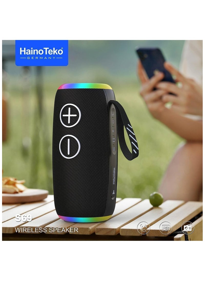 Haino Teko S69 Portable Speaker with RGB Light, Water Resistant, FM Radio and SD Card