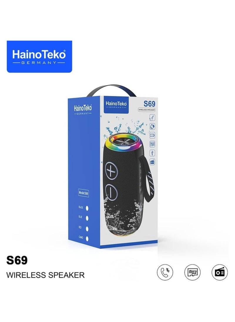 Haino Teko S69 Portable Speaker with RGB Light, Water Resistant, FM Radio and SD Card