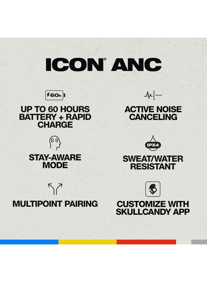 Icon ANC On-Ear Active Noise Cancelling Wireless Bluetooth Headphones, 60 Hr Battery, Microphone, Works with iPhone Android Black