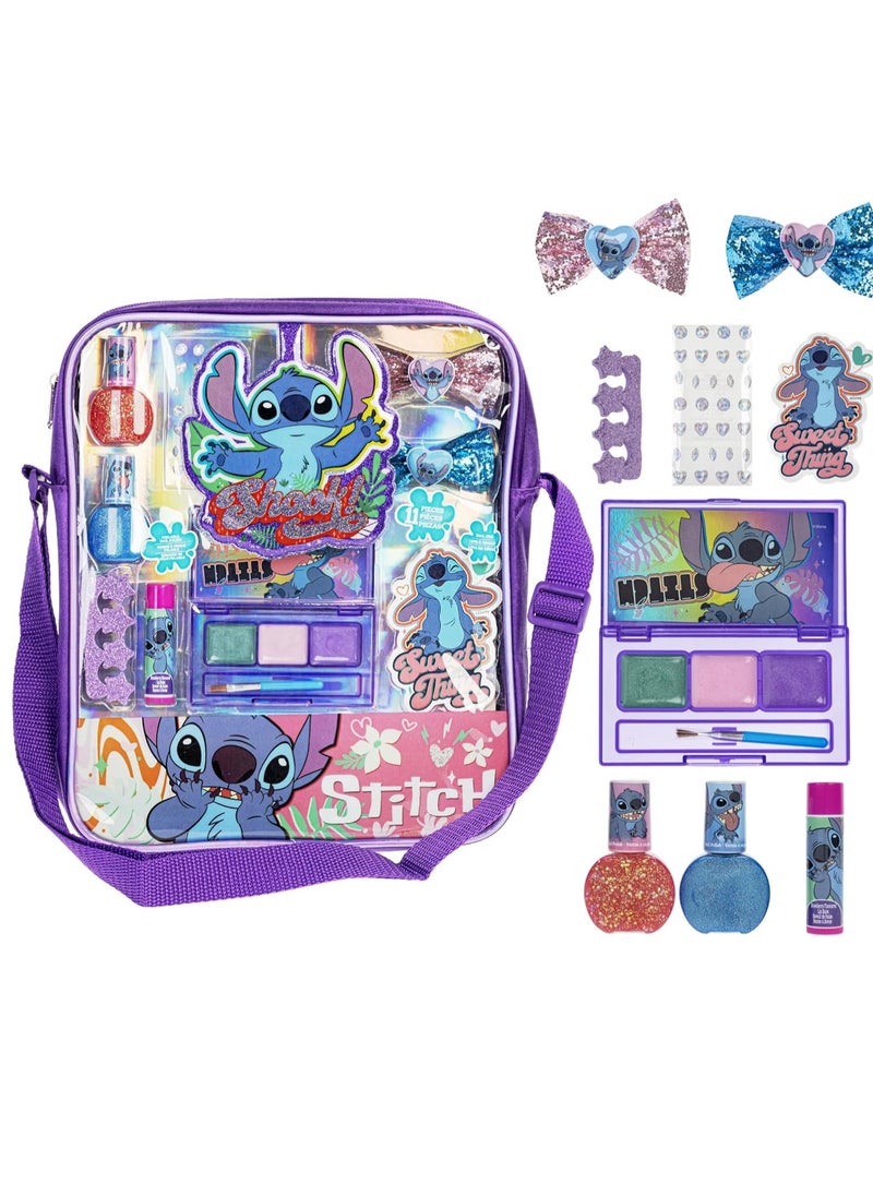 Lilo and Stitch Makeup Filled Shoulder Bag Includes Lip Gloss, Nail Polish, Hair Bow & More! for Girls, Ideal for Ages 3 and Up Perfect for Parties & Makeovers, by Townley Girl