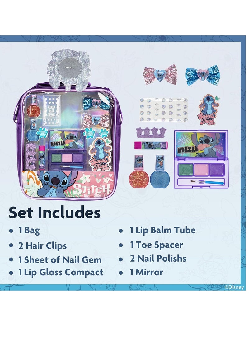 Lilo and Stitch Makeup Filled Shoulder Bag Includes Lip Gloss, Nail Polish, Hair Bow & More! for Girls, Ideal for Ages 3 and Up Perfect for Parties & Makeovers, by Townley Girl