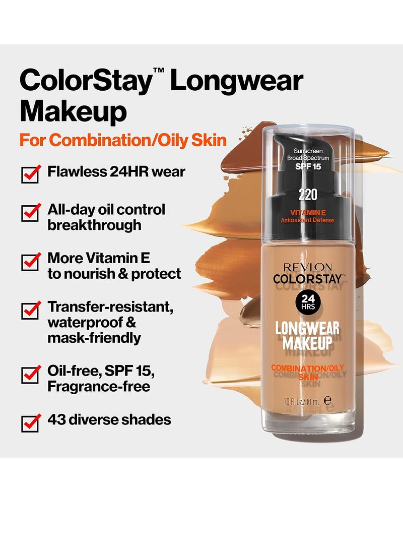 ColorStay Liquid Foundation for Combination & Oily Skin, Face Makeup Stocking Stuffers for Women, SPF 15, Medium-Full Coverage, Matte Finish, Sand Beige (180), 1.0 Oz Sand Beige