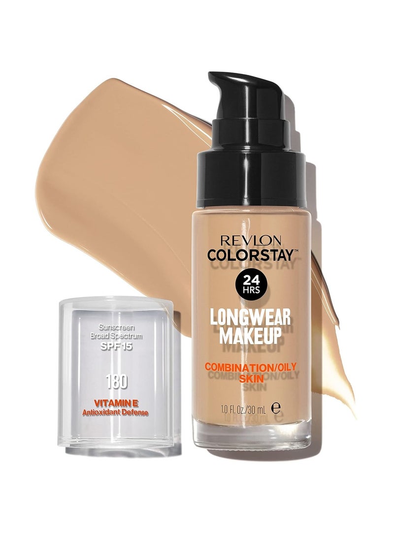 ColorStay Liquid Foundation for Combination & Oily Skin, Face Makeup Stocking Stuffers for Women, SPF 15, Medium-Full Coverage, Matte Finish, Sand Beige (180), 1.0 Oz Sand Beige