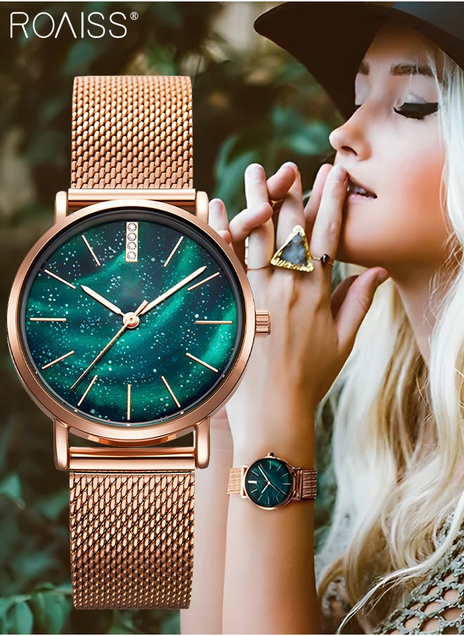 Women's Stainless Steel Mesh Strap Quartz Watch Analog Display Round Green Aurora Starry Sky Dial Waterproof Elegant Wristwatch as Gift for Ladies