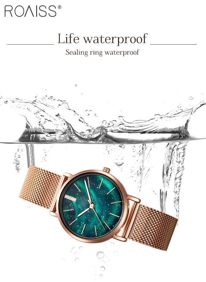 Women's Stainless Steel Mesh Strap Quartz Watch Analog Display Round Green Aurora Starry Sky Dial Waterproof Elegant Wristwatch as Gift for Ladies