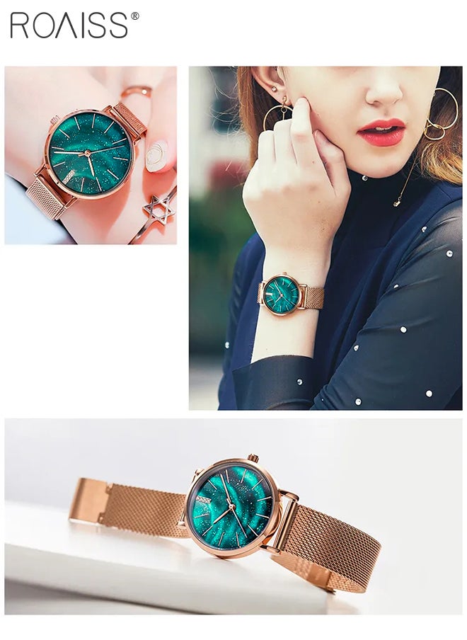 Women's Stainless Steel Mesh Strap Quartz Watch Analog Display Round Green Aurora Starry Sky Dial Waterproof Elegant Wristwatch as Gift for Ladies