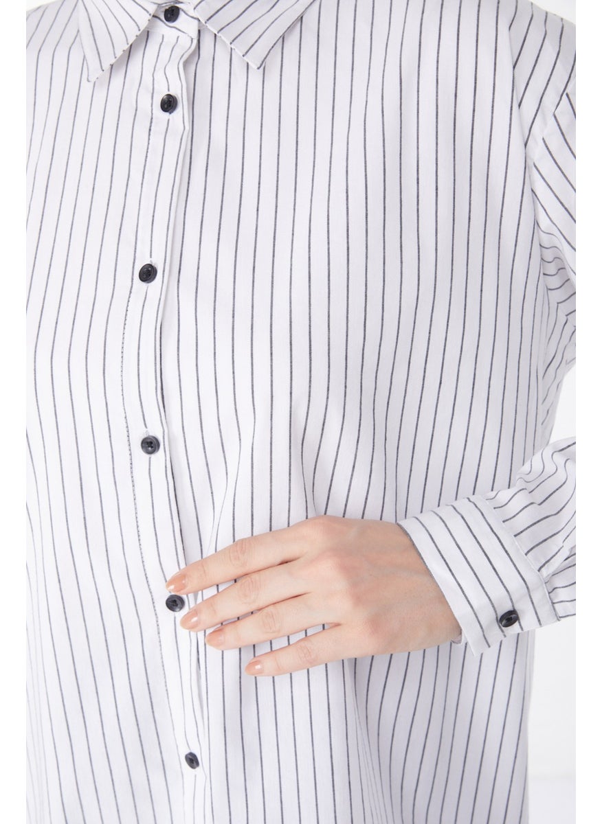 Plain Shirt Collar Women's White Striped Shirt - 25039