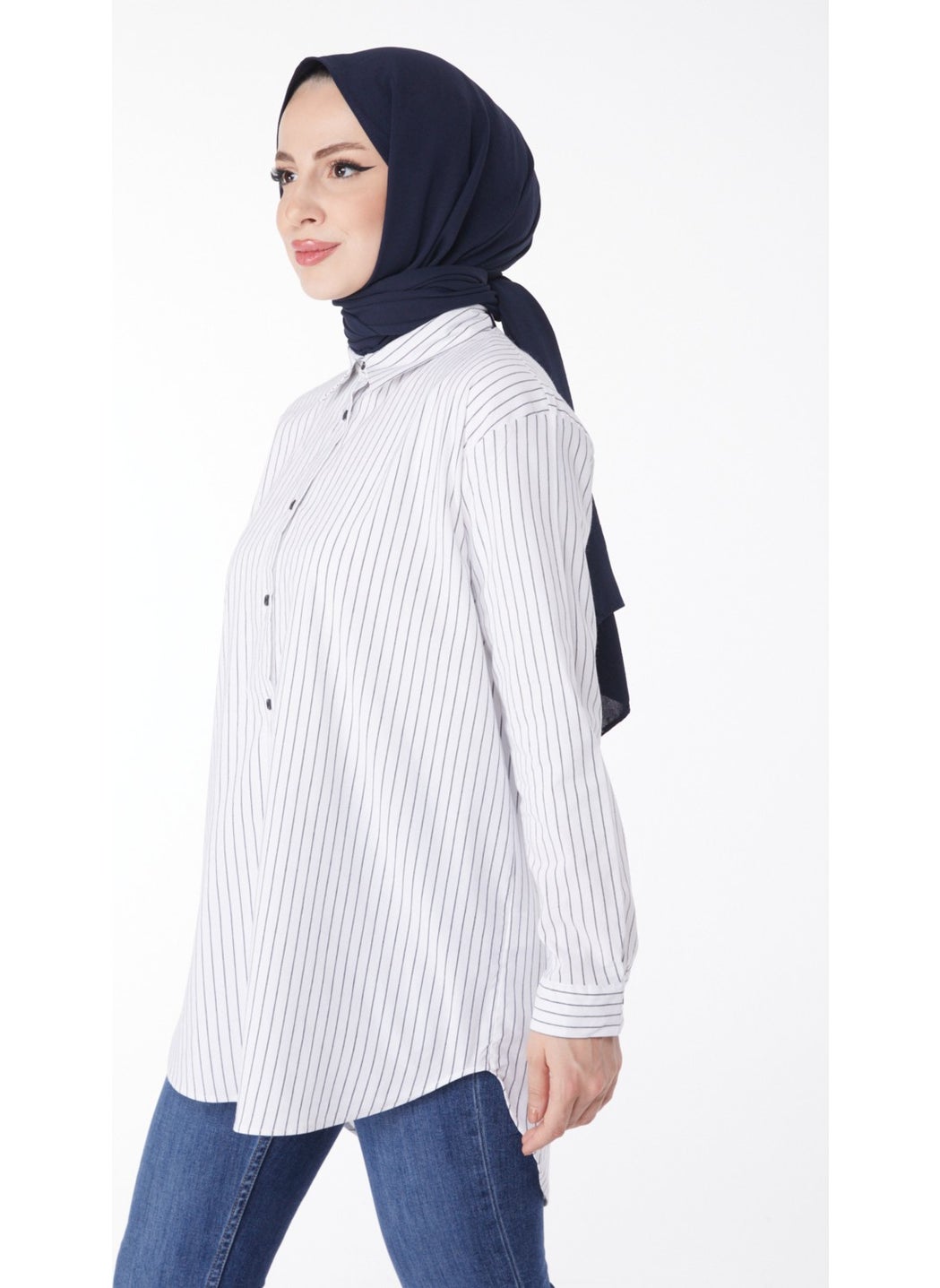 Plain Shirt Collar Women's White Striped Shirt - 25039