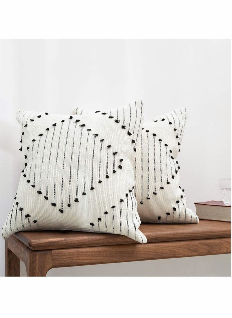 Boho Throw Pillow Covers, 2 Pcs Black and Cream White, Set of 2 Modern Farmhouse Accent Home Decor, Neutral Woven Decorative Pillow Covers for Couch/Bed  18 x 18 Inches,