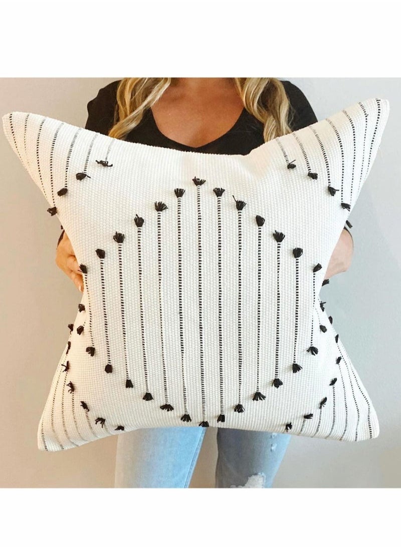 Boho Throw Pillow Covers, 2 Pcs Black and Cream White, Set of 2 Modern Farmhouse Accent Home Decor, Neutral Woven Decorative Pillow Covers for Couch/Bed  18 x 18 Inches,