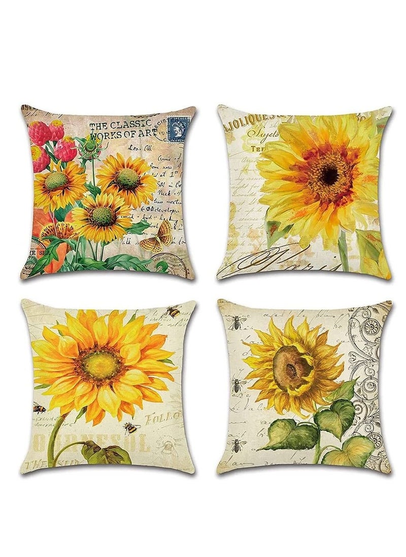 4 Pack Throw Pillow Covers Decorative Linen Pillowcase Sunflower Pattern Waterproof Cushion Perfect to Outdoor Patio Garden Living Room Sofa Farmhouse Decor