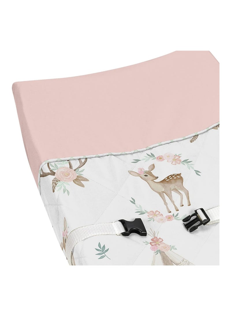 Blush Pink, Mint Green And White Boho Changing Pad Cover, Woodland Deer Floral Collection