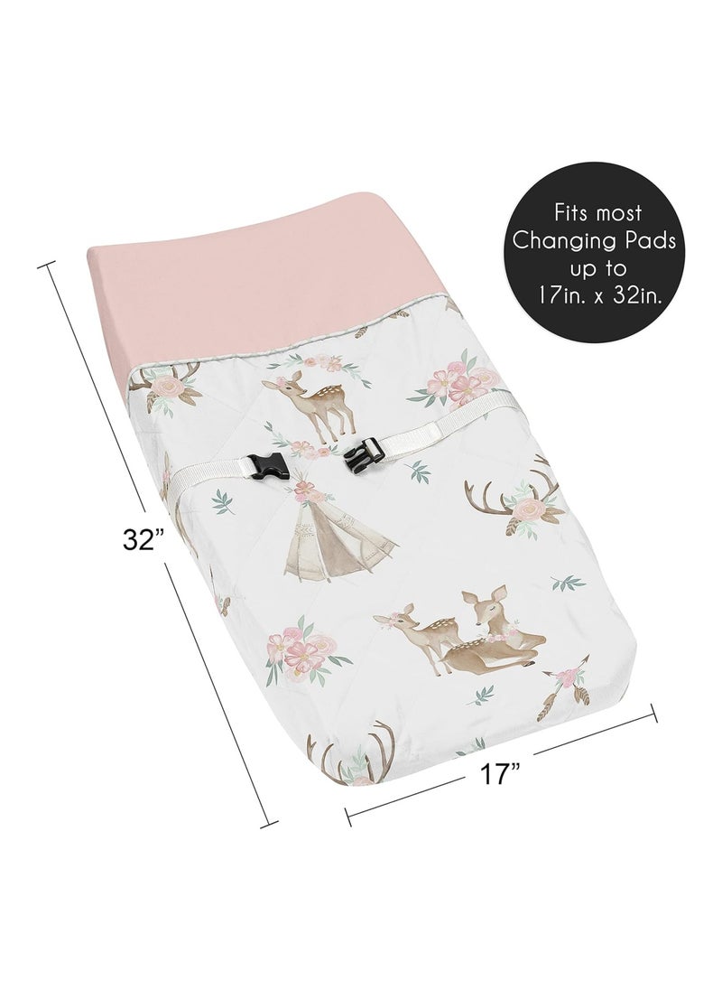 Blush Pink, Mint Green And White Boho Changing Pad Cover, Woodland Deer Floral Collection