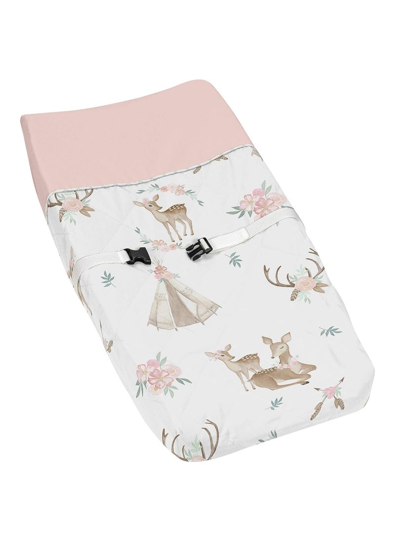 Blush Pink, Mint Green And White Boho Changing Pad Cover, Woodland Deer Floral Collection