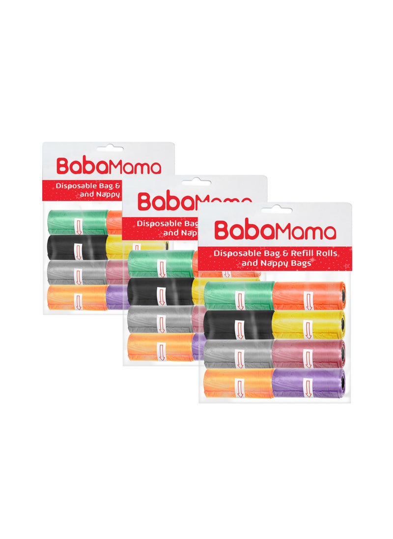 BabaMama Bag and Refill 8 Rolls Pack of 3, 480 Bags, Baby Nappy bag, Pet waste bag, Scented Diaper bag, Trash bag, Garbage bag, Colorful Plastic bag, sacks