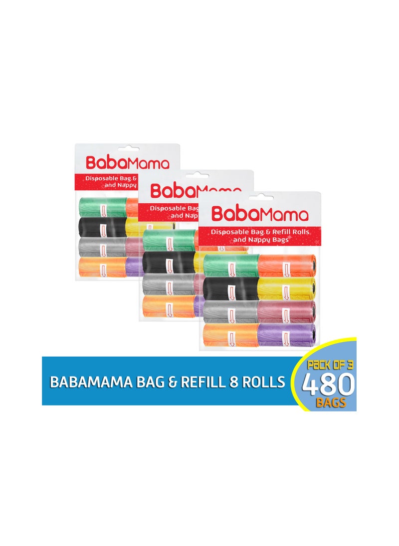 BabaMama Bag and Refill 8 Rolls Pack of 3, 480 Bags, Baby Nappy bag, Pet waste bag, Scented Diaper bag, Trash bag, Garbage bag, Colorful Plastic bag, sacks