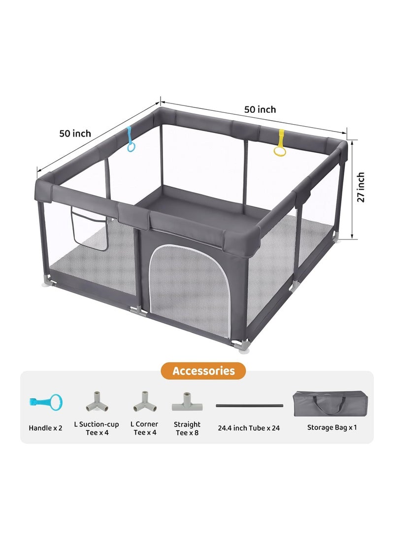 Anti Fall Visible With Gate Fence Play Area With Pull Up Ring Washable Baby Play Yards Anchor Grey