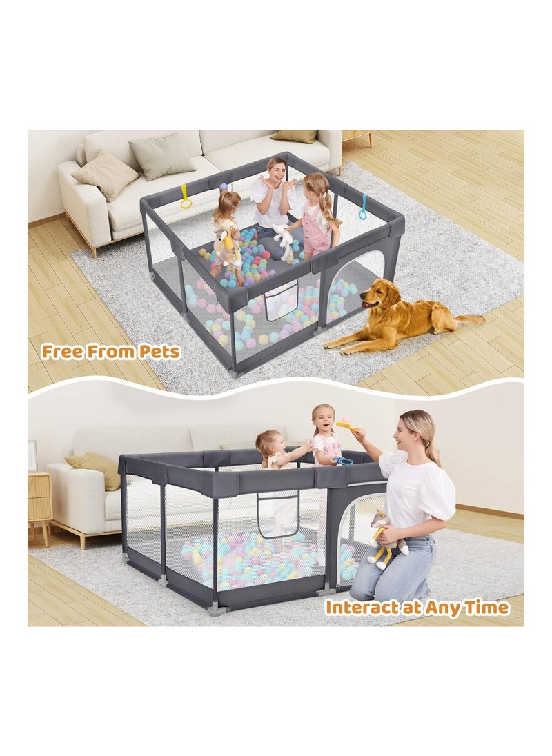 Anti Fall Visible With Gate Fence Play Area With Pull Up Ring Washable Baby Play Yards Anchor Grey