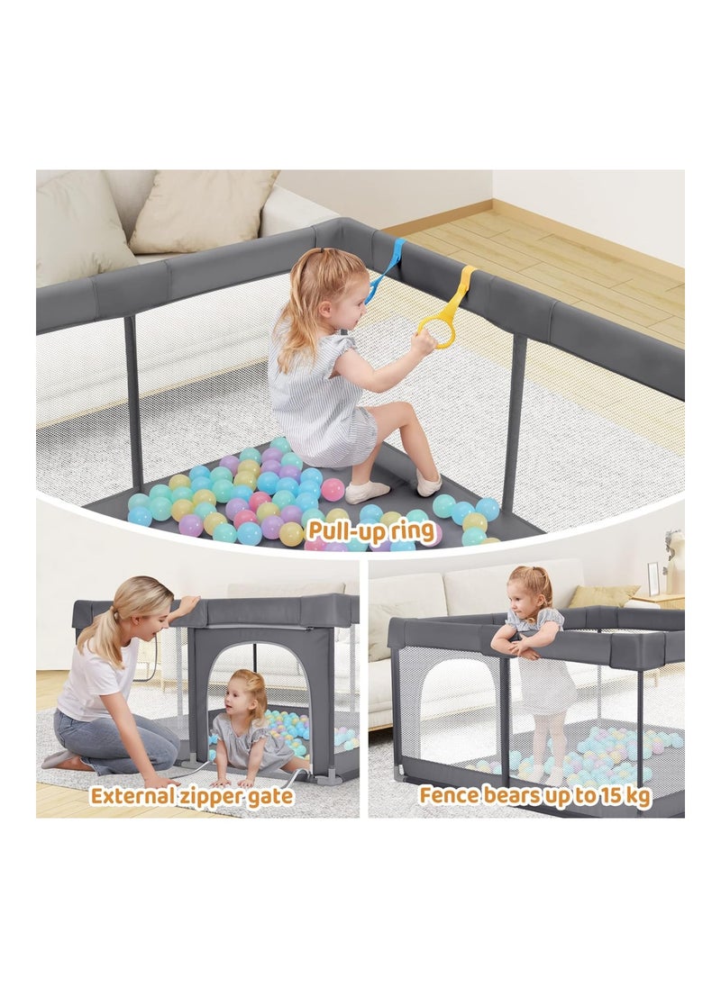 Anti Fall Visible With Gate Fence Play Area With Pull Up Ring Washable Baby Play Yards Anchor Grey