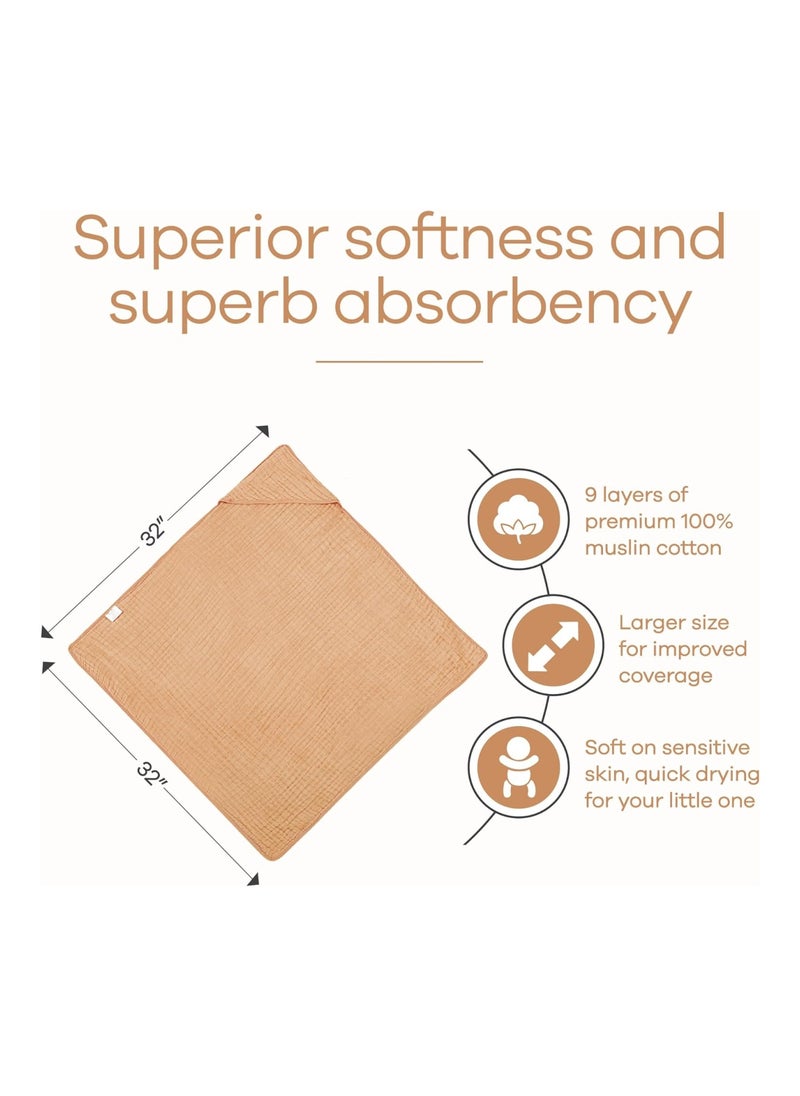 2 Pack Baby Hooded 9 Layer Muslin Cotton Towel Ultra Soft Warm And Absorbent 2 Pack Caramel