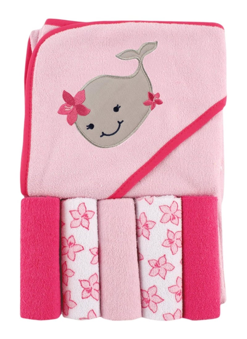 Unisex Baby Hooded Towel With Five washcloths, Girly whale, Size One