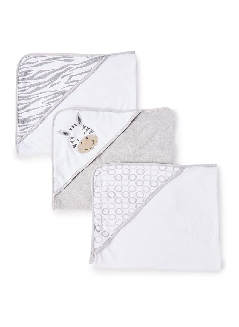 Baby 3 Pack Soft Terry Hooded Towel Set For Newborn Boys And Girls, Grey Zebra